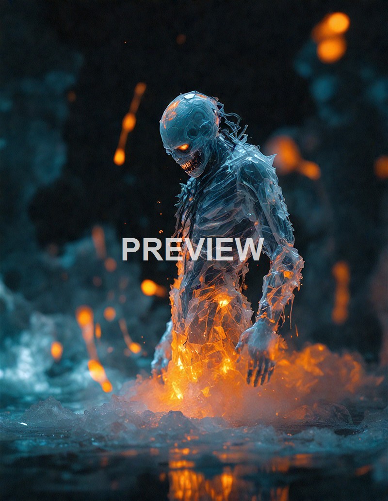 A glowing, menacing humanoid figure with a skeletal face and fiery eyes, appears to be made of transparent, molten-like material, standing amidst a dark, fiery landscape with sparks and flames around it.